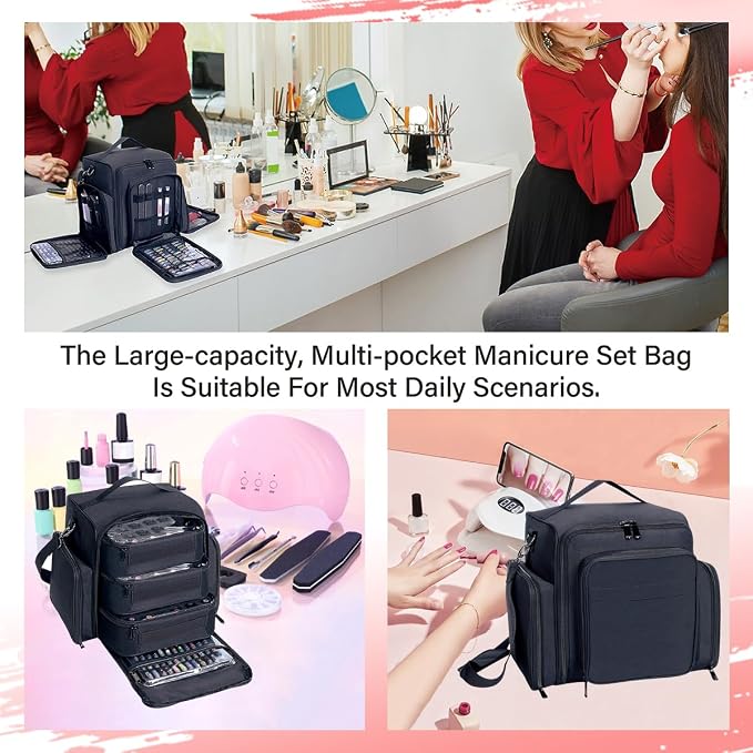 Nail Polish Organizer Case Hold 90 Bottles with 3 Detachable Bag,Black | Portable Travel Storage Box Designed for Women's Nail Tools, Essential Oils and Cosmetics Sets - Image 7