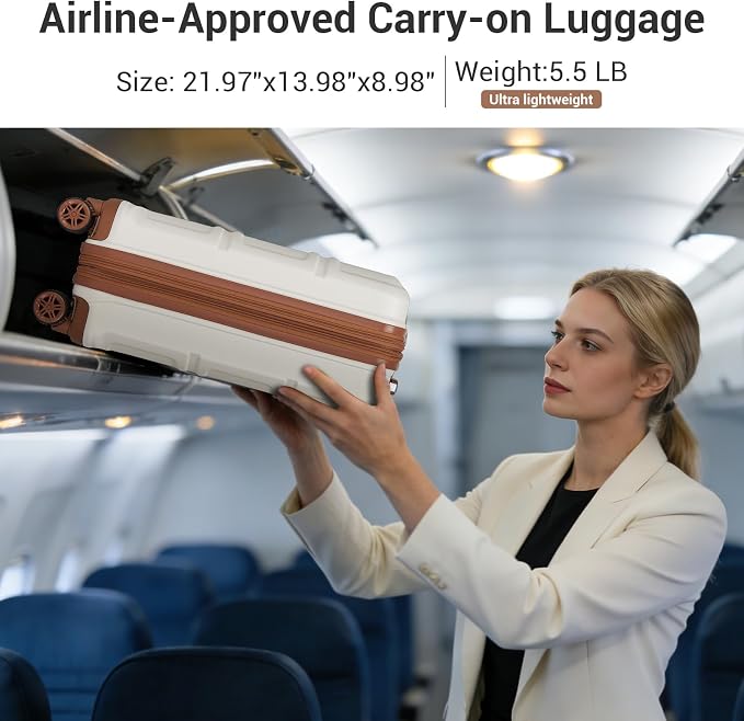 Kono Carry On Luggage 22x14x9 Airline Approved with Spinner Wheels | Lightweight PC+ABS 20 Inch Luggage with TSA Lock,Expandable Hard Shell Carry On Suitcases for Men Women,White/Brown - Image 4
