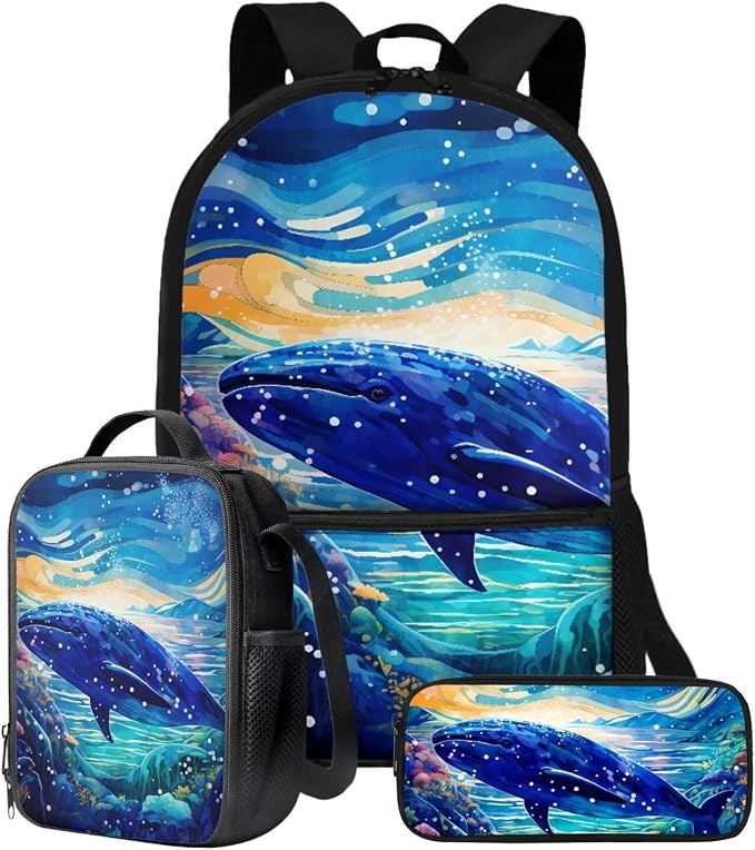 Backpack Set for Student Sea Dolphin Print Large Capacity Schoolbag Lunch Box Pencil Case 17 Inch Travel Laptop Backpacks Lightweight Rucksack Casual Daypack for Outdoor by ZIATUBLES