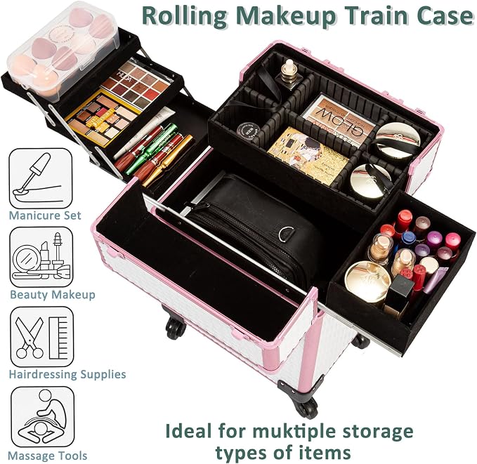 Arous Rolling Train Makeup Case Cosmetology Case on Wheels, White | Cosmetic Travel Trolley 4 Tray with Sliding Rail Removable Middle Layer with Key Salon Barber Case Traveling Cart Trunk - Image 2