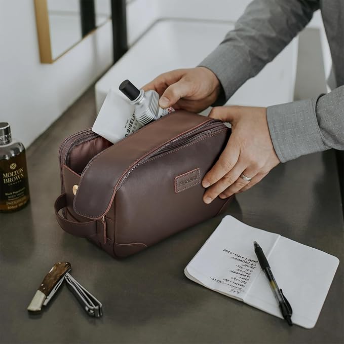Polare Full Grain Leather Travel Toiletry Bag Dopp Kit Large Cosmetic Travel Case Shaving Kit Wash with YKK Zippers - Image 5