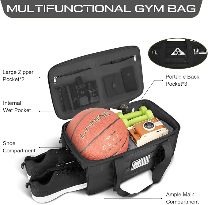 Gym Bags for Men Women, Carry On Luggage 22x14x9 Airline Approved, Tactical Duffle Bag with Shoe Compartment, 3 in 1 Carry on Travel Backpack with Wet Pocket, Weekender Overnight Bag, Black - Image 3