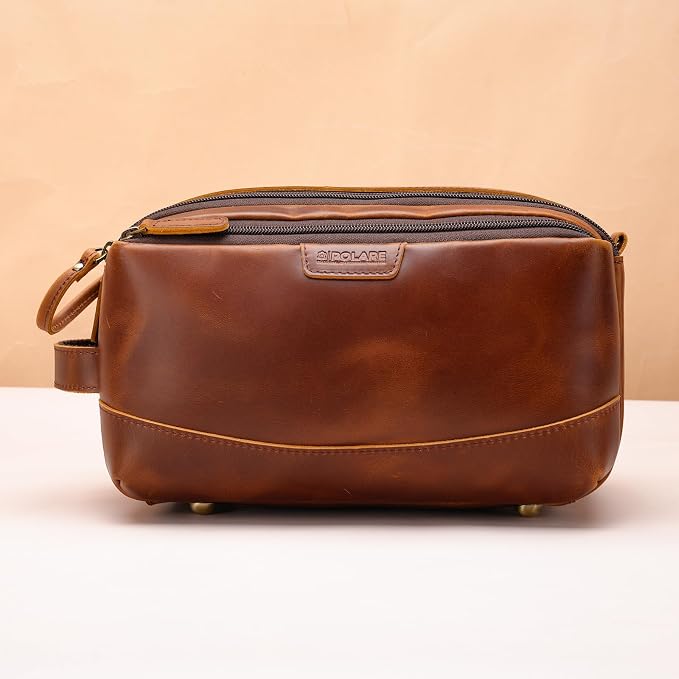 Polare Full Grain Leather Toiletry Bag for Men Large Travel Cosmetic Case Dopp Kit Shaving Kit Wash Pouch with YKK Zippers (Brown) - Image 2