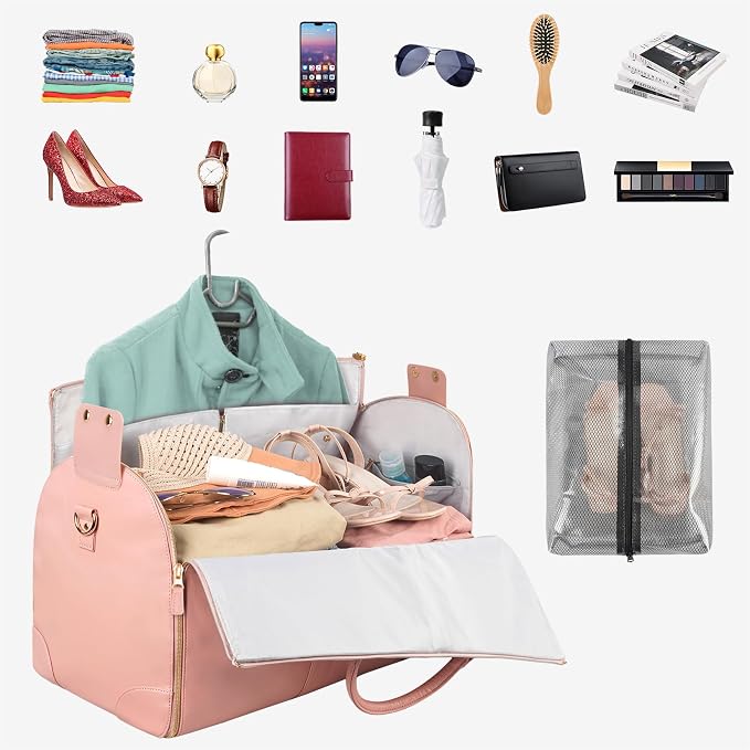 Ytonet Garment Duffle Bags for Travel, Convertible Carry On Garment Bag for Women, Large PU Leather Foldable Travel Bag with Shoe Pouch, 2 in 1 Hanging Suitcase Dress Suit Travel Bags, Pink - Image 2