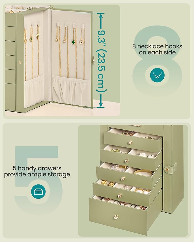 SONGMICS Jewelry Box Organizer, 6-Layer with 5 Drawers, Sage Green | Jewelry Storage Case with Lock and Mirror, Large Storage Capacity, for Necklaces, Watches, Gift for Loved Ones UJBC152CE01S - Image 6