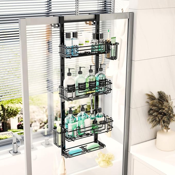 HapiRm Over the Door Shower Caddy - 4-Tier Hanging Shower Organizer with 22 Hooks and 2 Toothbrush Holders, No Drilling Adjustable Hanging Shelves for Bathroom - Black - Image 8