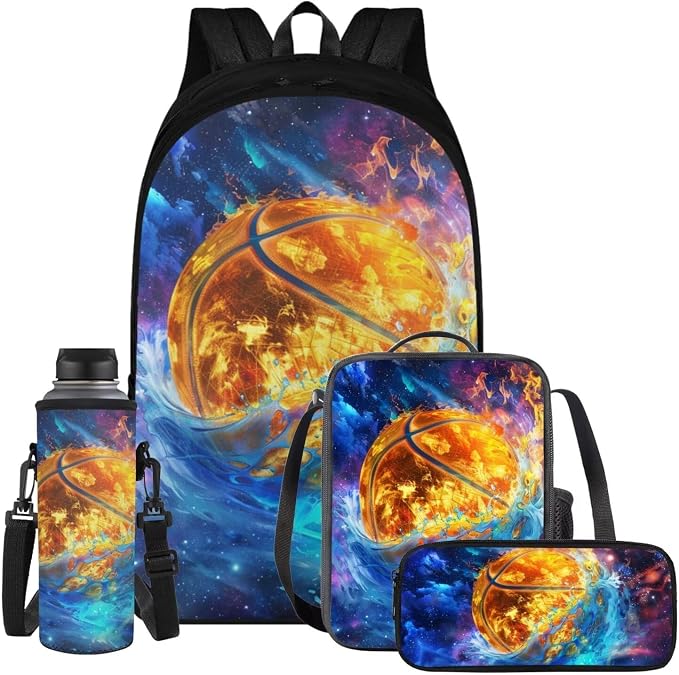 Galaxy Basketball Backpack for Boys Kids Backpack with Lunch Box Water Bottle Carrier with Strap and Pencil Case 4PCS Set Bookbag with Compartments for School Teens Sturdy School Bag for Girls by ELEDIZI