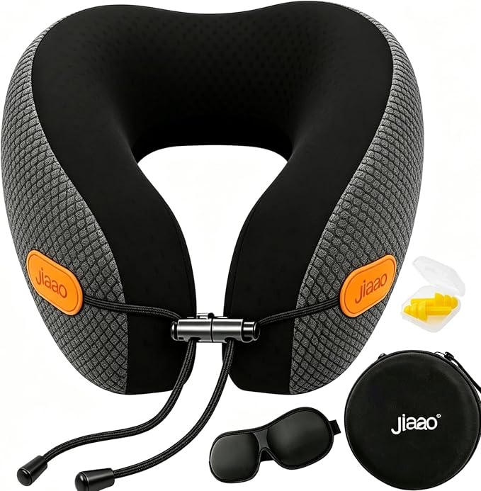 Ergonomic Travel Pillow,100% Memory Foam Travel Neck Pillow For Airplanes | 360 Neck & Chin Support Airplane Pillow For Long Flights,Airplane Travel Essentials With 3d Eye Mask, Earplugs,Carry Case by jiaao
