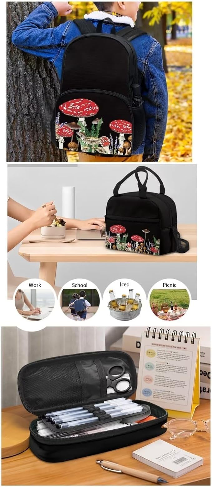 Black Mushroom Backpack Set for Girls Kids Lightweight Cute School Backpack with Lunch Box Pencil Case Adjustable Strap Padded Book Bag Insulated Lunch Bag - Image 5
