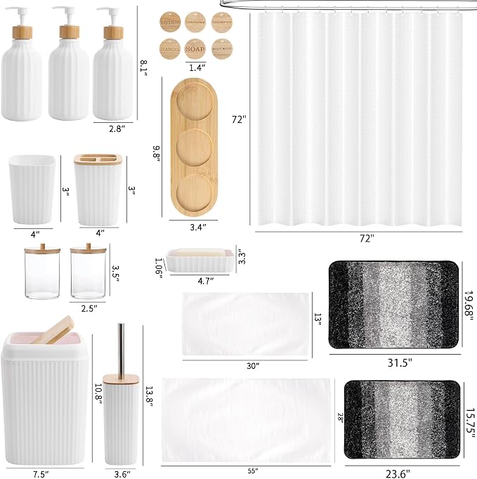 34PCS Bathroom Accessories Set with Shower Curtain,Rugs,Bath Towel,Trash Can,3PCS Lotion Soap Dispenser, Toothbrush Holder, Soap Dish,Tumbler Cup,6PCS Wood Tags Bath Accessories with Tray for Bathroom - Image 8