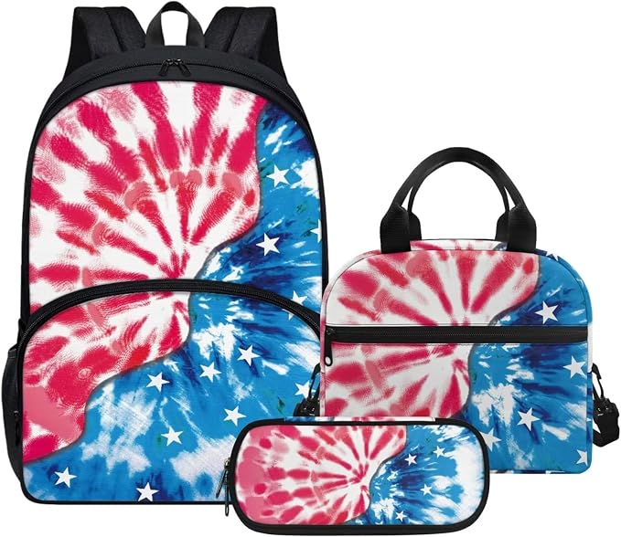 Tie Dye American Flag Backpack with Lunch Box and Pencil Case Girls Comfy Padded Cute School Backpack Set of 3 Bookbag for Student Lightweight Large Capacity Daypack by Parprinty