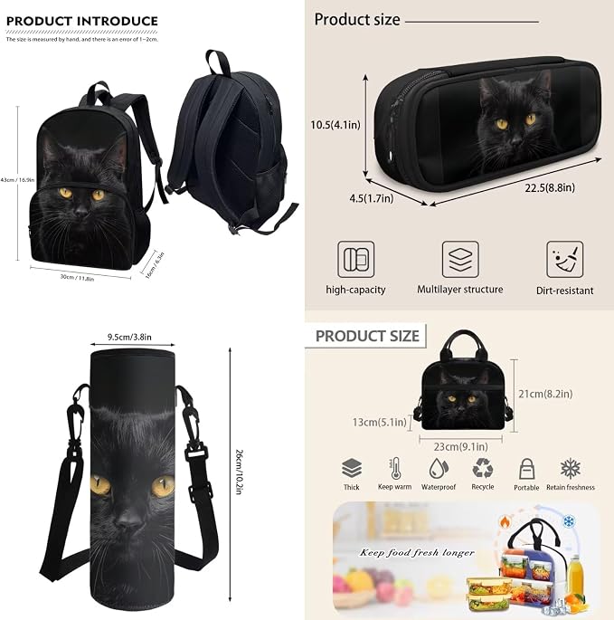 Boys Girls Black Cat Laptop Backpacks School Bag Schoolbag Handbag Pencil Case Pouch Organizer Water Bottle Holder Portable Bookbag Daypack Lunch Bags for School Travel Office Hiking - Image 3