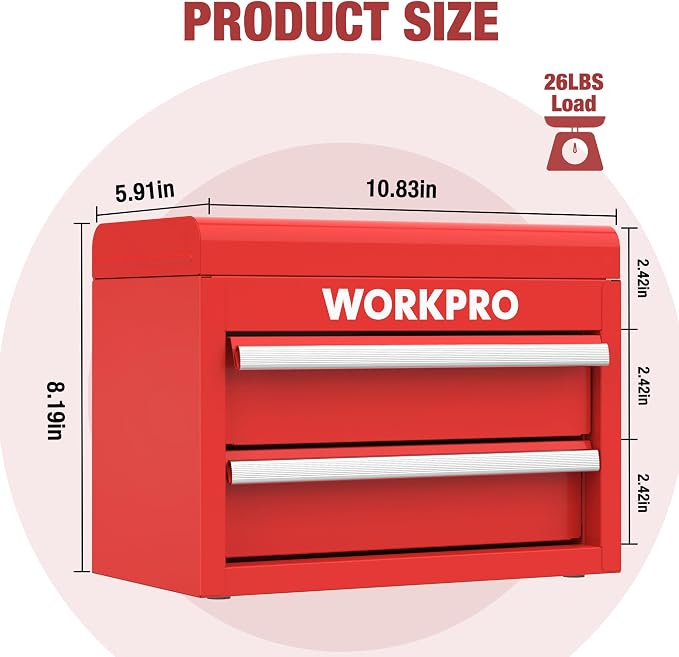 WORKPRO Mini Metal Tool Box with 2 Drawers and Top Storage | Cold Rolled Steel, Small Tool Chest, PVC Liners, PP Feet Pads, Drawer Liners & Magnetic Tabs - Image 2