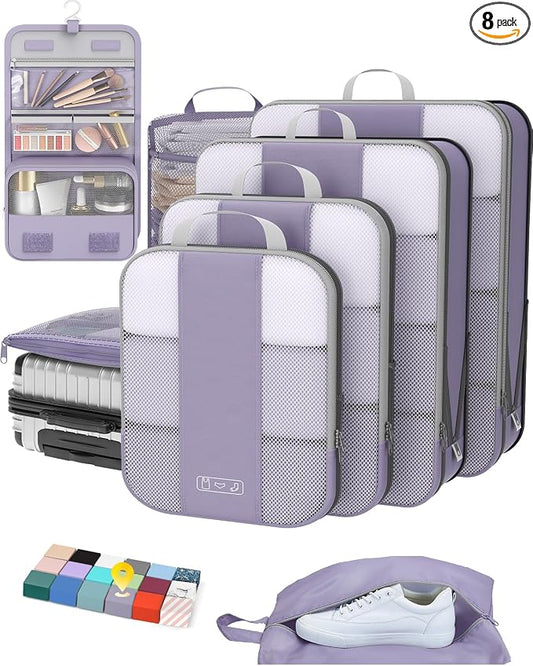 OlarHike 8 Set Compression Packing Cubes for Travel Essentials,Compressible Expandable Space Saver Bags for Organizing Clothes,Luggage Suitcase Garment Bags with Over 1000 pcs Mesh Holes(Purple Gray) by OlarHike
