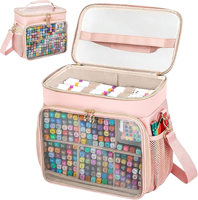 Large Marker Organizer Case for 200-300 Markers, Double-Layer Marker Bag with Removable Dividers, Marker Organizer for Markers, Pencils, Crayons or Other Art Supplies, Pink (Bag Only) by wigojoy