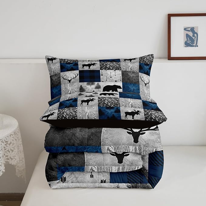 Bear Bedding Set Twin for Teens Boys,Buffalo Plaid Check Comforter Set Cabin Lodge Decor,Wild Animal Elk Antler Pattern Duvet Quilt Insert,Rustic Deer Patchwork Down Comforter 2pcs Blue Grey - Image 6