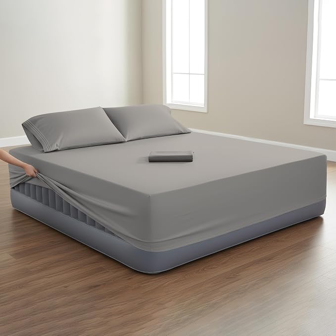 Mocassi 4-Piece Extra Deep Pocket 16-24 Inch Air Mattress Bed Sheet Set- 4PC Sheet Set with Smart Pockets Ideal for Air Beds, RVs, Camping and Guest Rooms Premium Hotel Quality, Queen, Grey - Image 2
