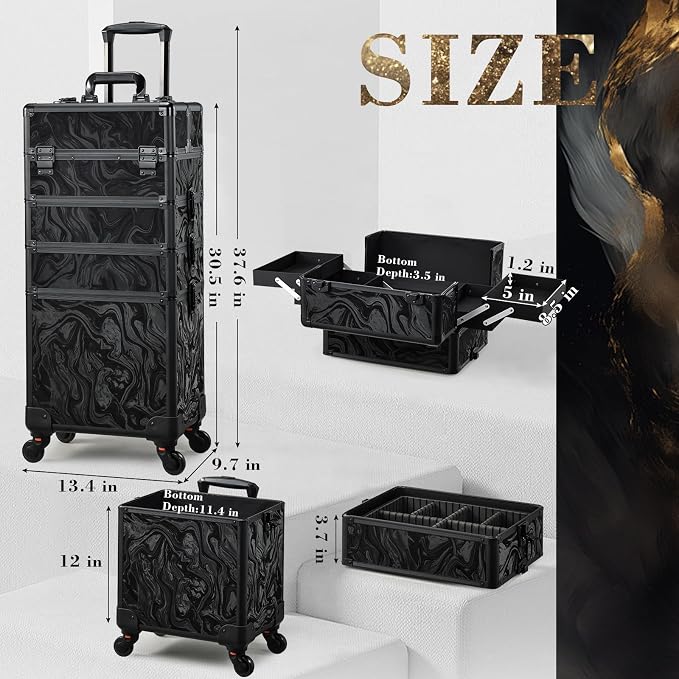 Stagiant Rolling Makeup Case Cosmetology Case on Wheels 4 in 1 Makeup Travel Case Extra Large Cosmetic Box with Key Make Up Artist Traveling Storage Nail Case Salon Barber Cart Trunk Alpine Black - Image 6
