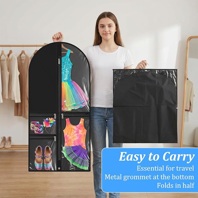 10 Pack Garment Bags for Dance Costumes, 40" Garment Bags for Hanging Clothes with 3 Clear Zipper Pocket, Waterproof Cheer Uniform Garments Bag for Dance Competition, Travel, Closet Storage (Black) - Image 4