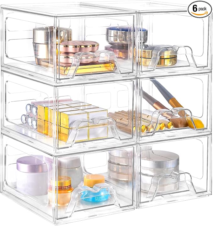 Stebopum 6 Pack Stackable Makeup Organizer, 4.4'' Tall Acrylic Bathroom Makeup Organizer and Storage Drawer with Pull-out Handle, Clear Plastic Storage Bins for Vanity,Pantry,Desk,Undersink,Kitchen by Stebopum