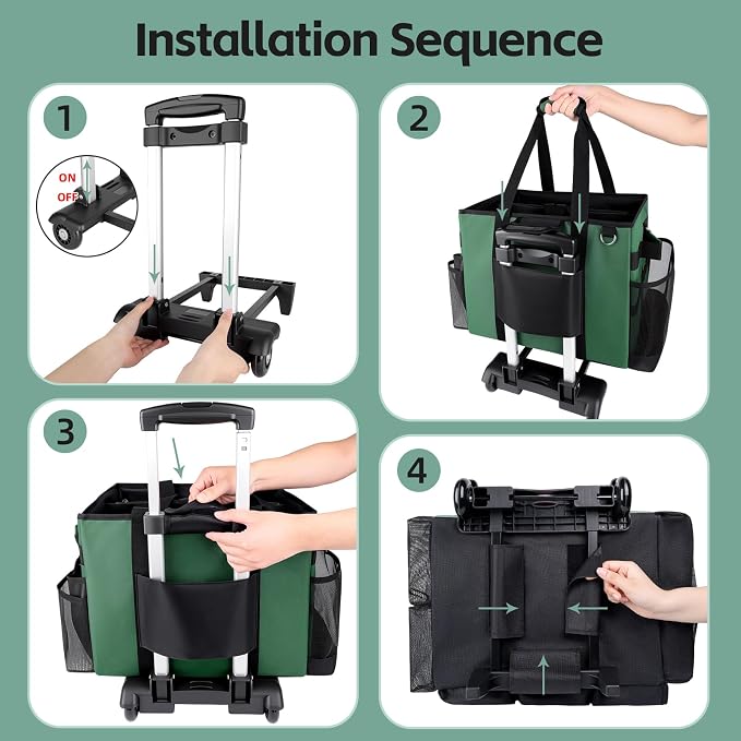 Large Rolling Cleaning Caddy Bag with Wheels, Cleaning Bag with Detachable Trolley, Cleaning Bags on Wheels for Housekeepers, Cleaning Cart Supplies Organizer for Home, Car, Picnic (Green) - Image 6