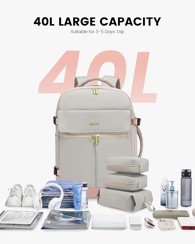 LOVEVOOK Carry On Backpack, 40L Travel Backpack Women with 3 Packing Cubes, TSA Airline Approved Suitcase Bag as Personal Item, Waterproof 17 inch Laptop Backpack for Weekender Overnight,Grey Pink - Image 4