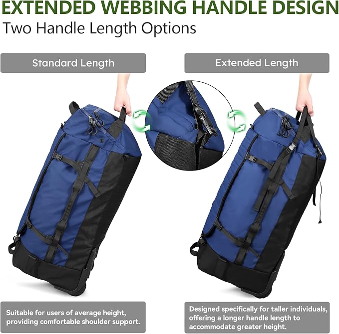 Vomgomfom 86L Foldable Duffle Bag with Wheels - Waterproof Rolling Travel Bag, Collapsible Luggage No Telescopic Handle, for Men Women Camping Sports Weekend Trips，Navy - Image 4