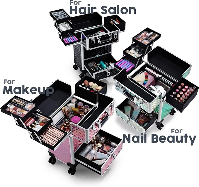 Rolling Makeup Case with Drawer Cosmetology Case on Wheels Makeup Trolley Sliding Drawer Makeup Travel Case for Esthetician, Mobile Stylist, Manicurist Barber Case Traveling Cart Trunk Glitter Pink - Image 2