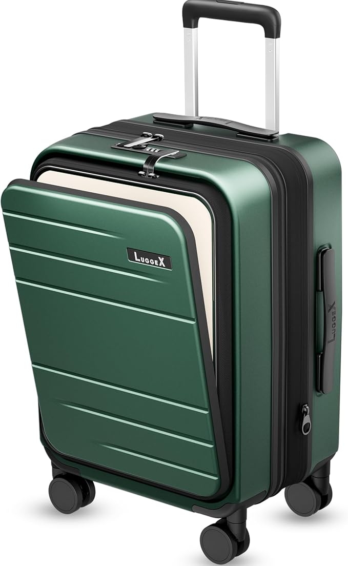 LUGGEX Carry On Luggage 22x14x9 Airline Approved, Expandable Polycarbonate Suitcase with Front Pocket (FX-Core, Green, 20 Inch) by LUGGEXLUGGAGE