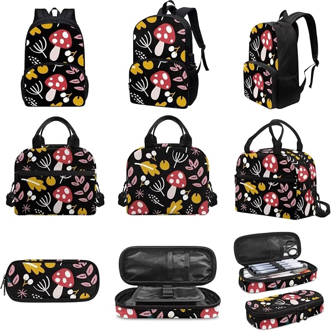Black Cartoon Mushroom Backpack with Lunch Box and Pencil Case Girls Comfy Padded Cute School Backpack Set of 3 Bookbag for Student Lightweight Large Capacity Daypack - Image 3
