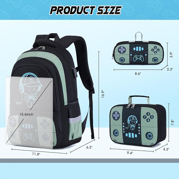 Bevalsa Backpack for School Boys, Cool Luminous Gamer Boys Schoolbag with Lunch Box & Pencil Case Set for Kids Teens Elementary Middle School, Bookbag Glow In The Dark(Green Backpack) - Image 3