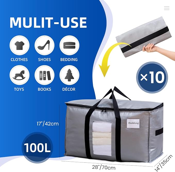 TAILI Extra Large Moving Bags, 10 Pack Silver Heavy Duty Totes For Storage with Visible Window, Wrap Around Handles, Storage Bags for Space Saving, Alternative to Moving Boxes - Image 2