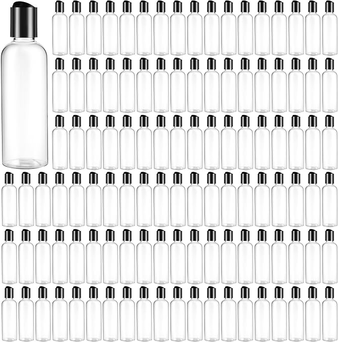 Roshtia 100 Pack 3.4 oz Travel Bottles for Toiletries, Clear Refillable Plastic Bottles with Disc Top Flip Cap, Leak Proof Empty Containers for Lotion, Shampoo, Essential Oil, Bulk Travel Size(Black) by Roshtia