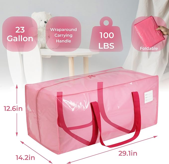VTSVTS 2 Pack Extra Heavy Duty Large Moving Bags with Comfortable Handle & Strong Zipper,Storage Totes for Space Saving Moving Storage College Supplies Alternative to Moving Box,Pink - Image 3