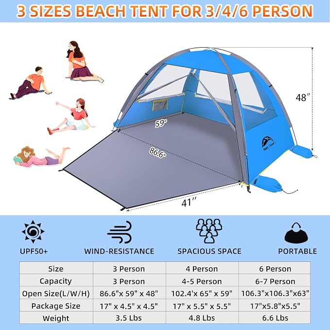 Happy Travel Beach Tent, UPF 50+ UV Protection Sun Shade Shelter for 3/4/5/6/7/8 Person, Portable Beach Canopy for Family & Baby, Lightweight & Easy Setup Beach Cabana with 3 Ventilation Mesh Windows - Image 2