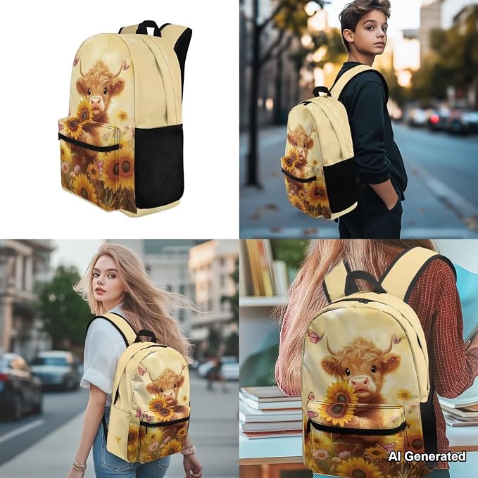 Highland Cow School Bags for Girls 7-10 10-12 Beige Kids Backpack with Lunch Box Set of 4, Cute Elementary School Backpack for Girls Travel Hiking Gym Small Daypack Purse Adjustable Straps - Image 4
