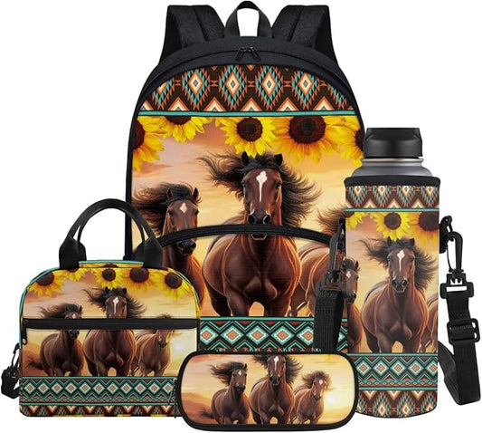 Kids Backpack Aztec Sunflowers Horse Print 4pcs School Bag Set for Boys Girls, Bookbag with Insulated Thermal Cooler Lunch Box + Pencil Pen Case + Water Bottle Sleeve by Glomenade