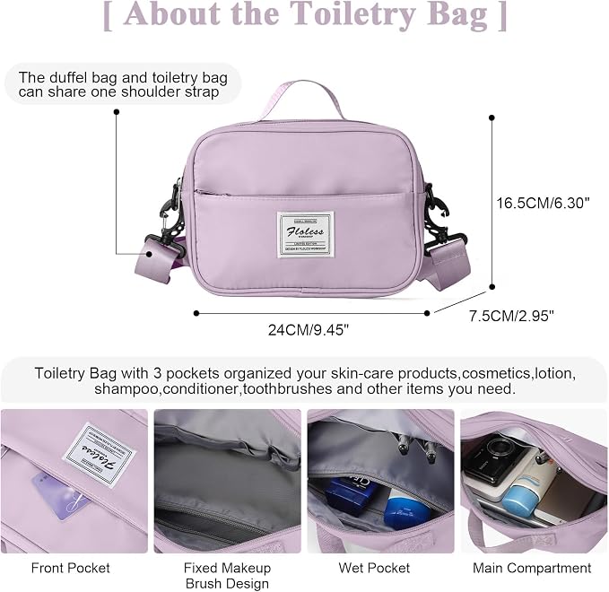 Travel Duffel Bags for Women,Weekender Overnight Bag with Wet Pocket & Toiletry Bag,Carry On Personal Item,Light Purple - Image 8