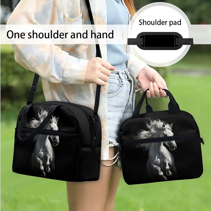 White Horse Backpack for Boys, Kids Travel Backpack Set for Girls Teens, 4 PCS School Backpacks Lightweight Middle School Bag Bookbag with Lunch Box and Pencil Case Water Bottle Bag, Black - Image 3