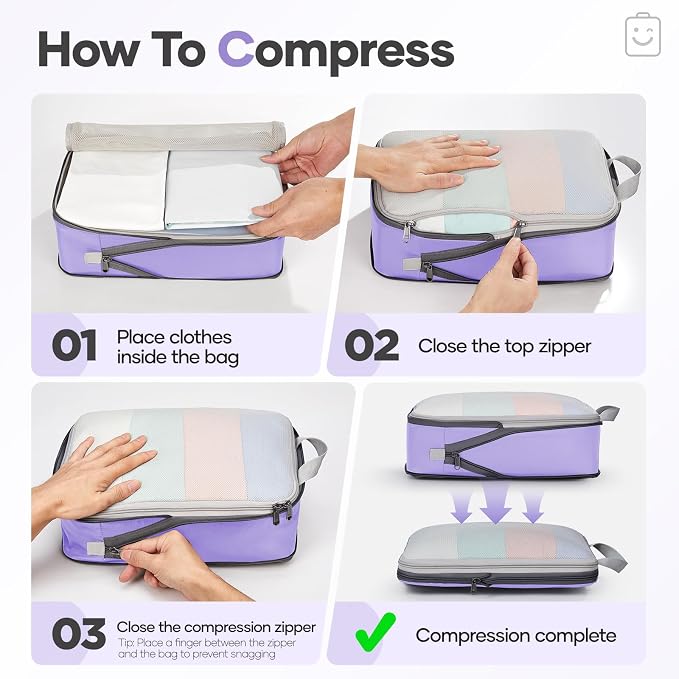 Veken 11 Set Compression Packing Cubes for Travel Essentials,Compressible Expandable Luggage Suitcase Organizer Bags with Garment Bag,Space Saver Bags with Over 1000 pcs of Mesh Holes(Light Purple) - Image 3