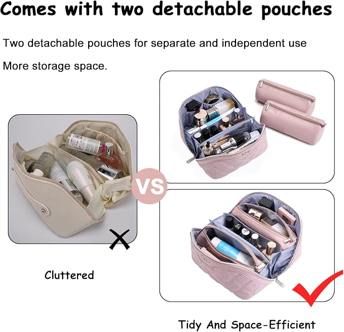 BOYATU Travel Makeup Bags for Women Cosmetic Bag: Puffy Make up Bags Set of 3 - Vegan Leather Makeup Organizer - Waterproof Large Toiletry Bag with Compartments - Travel Essentials (H-3-Pink) - Image 6