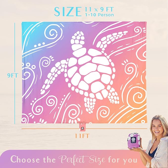 WEKAPO Beach Blanket Waterproof Sandproof Oversized Extra Large Sand Free Beach Mat with Stakes, Storage Bag - Essentials for Outdoor Beach, Picnic (Pinkish Purple Sea Turtle, 11 X 9 FT (1~10 Person)) - Image 3