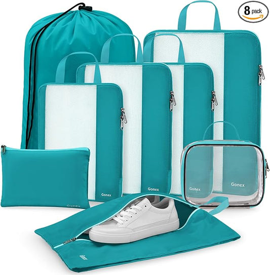 Gonex 8 Set Compression Packing Cubes, Expandable Mesh Organizer for Travel Accessories, Essentials With Toiletry, Laundry, Shoe, Cable Bags for Suitcases, Blue by Gonex