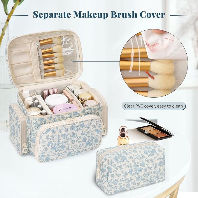 Makeup Bag Set, Travel Makeup Bag Organizer for Women Cute Floral Cosmetic Pouch Large Capacity with Makeup Brush Compartment, Cosmetic Travel Bag with Divider and Handle Toiletry Bag - Floral - Image 4