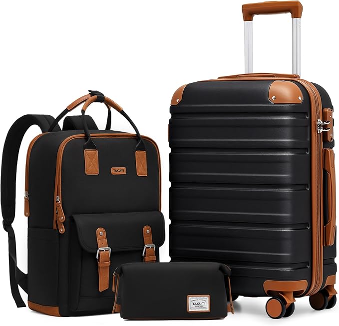TAKUMI Luggage Sets 3 Piece, 20 Inch Carry On Luggage Set with Backpack, PC+ABS Hardshell Suitcases with Wheels, Lightweight Travel Luggage with TSA Lock for Women, Men （BLACK BROWN, 3 PIECE SET（BP） by TAKUMI