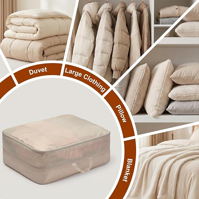 8 Pack Compression Storage Bags, Comforter Storage Bag, Washable Compression Bags, Space Saving Self Compressions Organizer for Blankets Sheets Pillow Lightweight Comforters, Light Brown - Image 7