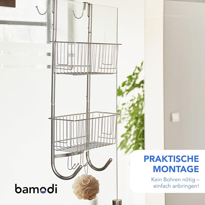 Bamodi Shower Caddy Hanging - 2 Tier Over Door Chrome Plated - No Drilling Required - Fits Shower Screens up to 0.78 inches - Hangable Shower Rack with 2 Towel Hooks (27.5 x 7.5 x 7.3 INCHES) - Image 5