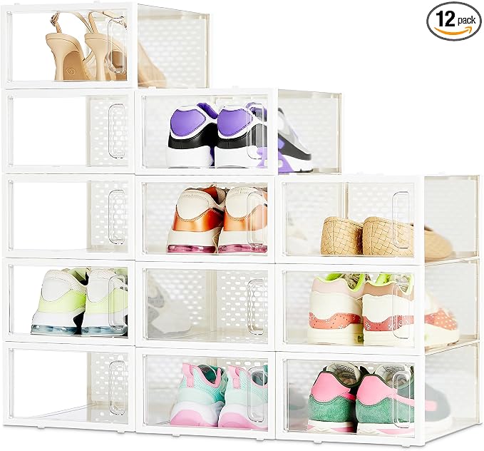 Amazon Basics Stackable and Foldable Clear Shoe Storage Organizer Box, Small, 12-Pack by AmazonBasics