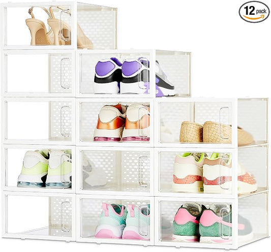 Amazon Basics Stackable and Foldable Clear Shoe Storage Organizer Box, Small, 12-Pack by AmazonBasics