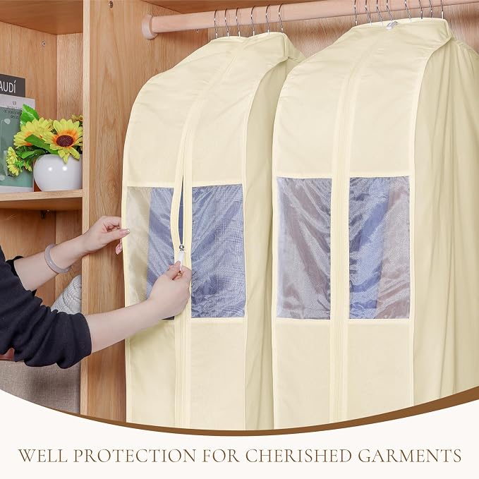 Univivi Premium Cotton Garment Bags for Hanging Clothes and Storage, 40 Inch Washable Suit Cover Bag with Extra Large 10" Gusset & Clear Window - Perfect for Suits, Coats, Jackets - 2 Pack, Beige - Image 5